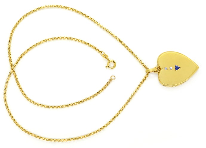 Foto 1 - Antikes Herz Medaillon Safir Diamanten in Gold an Kette, S2076